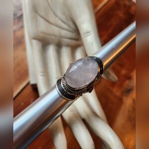 Quartz, Onyx & Coral Gemstone Adjustable Statement Ring